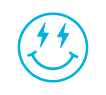 line drawing of a smiley face with lightning bolts for eyes